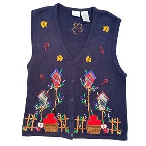 Bobbie Brooks Sweater Vest Teacher core birdhouse apple leaf cottage L 12/14
